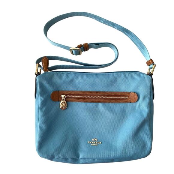 Coach Sawyer Canvas & Tan Leather Crossbody Bag in Blue Jay Front Zipper Pocket - Picture 3 of 16